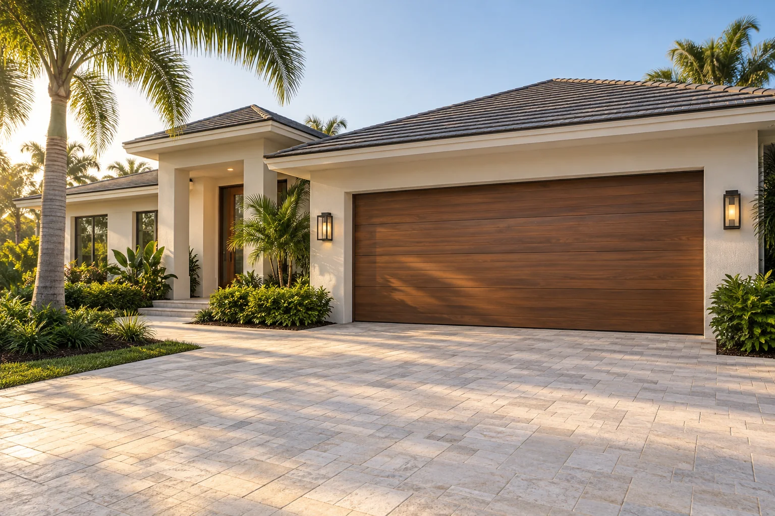Florida home with a wood-look garage door and palms